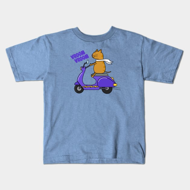 Orange cat on a scooter Kids T-Shirt by Coconut Moe Illustrations